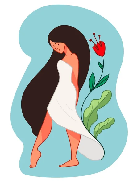 Chica Con Vestido Blanco Largo Caminando Por Las Flores Personaje — Archivo Imágenes Vectoriales