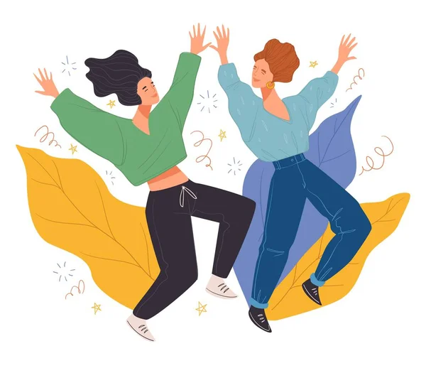 Vrouwelijke Personages Vieren Een Speciale Gelegenheid Een Verrassingsfeestje Dames Dansen — Stockvector