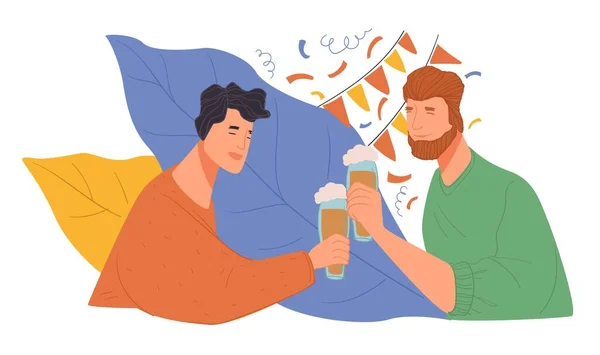 Hombres Celebrando Cumpleaños Fiestas Juntos Bebiendo Cerveza Pub Personajes Masculinos — Vector de stock