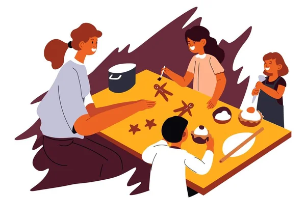 Çocuklara Zencefilli Kurabiye Pişirmeyi Öğreten Bir Kadın Okulda Aşçılık Dersleri — Stok Vektör