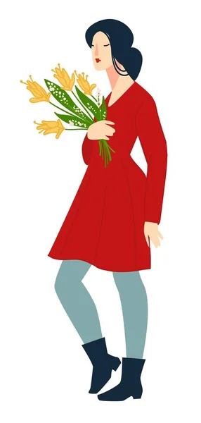 Jovem Mulher Segurando Buquê Flores Flor Nas Mãos Personagem Feminina — Vetor de Stock