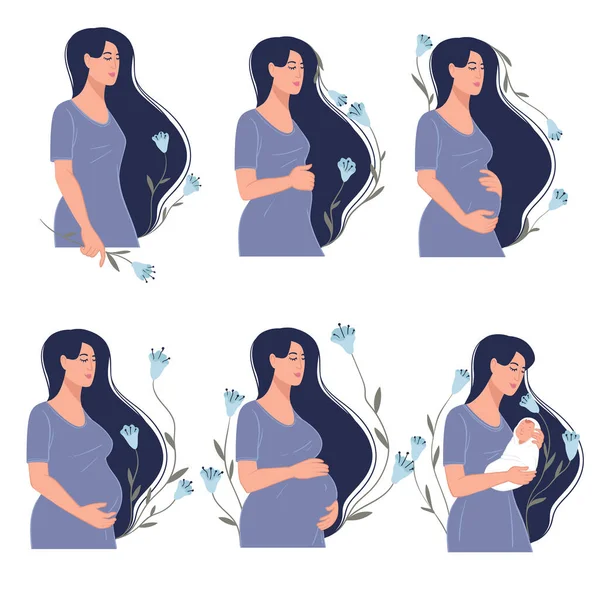 Verwachtende Vrouw Zwanger Vrouwelijk Karakter Met Bloemdecoratie Persoonlijkheid Gaat Door — Stockvector