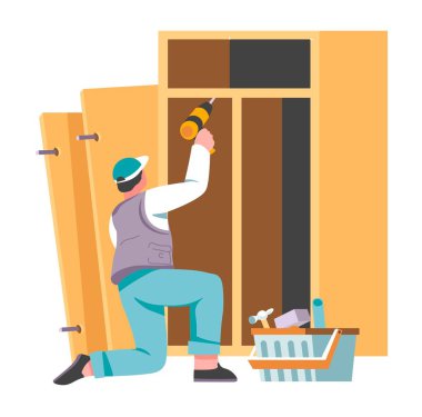 Gardırobu tamir eden ya da tamir eden tamirci, mobilya yapan izole marangoz. Bakım ve çalışma aletleri olan bir marangoz. Üniformalı erkek karakter. Düz biçimli vektör