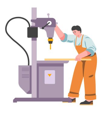 Fabrika ekipmanları ve enstrümanlarıyla çalışan bir marangoz. Tahtası olan, mobilya ya da ahşap projeleri yapan izole bir marangoz. Üniformalı adam, profesyonel işçi. Düz biçim illüstrasyonunda vektör