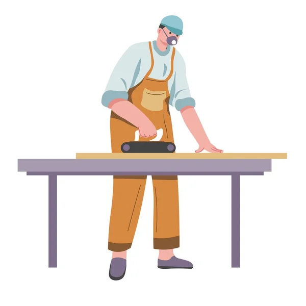 Holzbearbeitung Von Möbeln Oder Projekt Aus Holzmaterial Isolierter Tischler Mit — Stockvektor