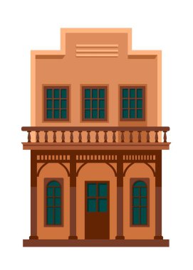 Amerikan vahşi batı evi ya da dış görünüşü tuğla ve ahşap unsurlarla kaplı bir bina. Girişi ve balkonu olan izole edilmiş bir ev. Şehir ya da köy mimari geleneği. Düz biçimli vektör