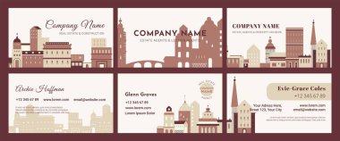 Emlakçılar için kartvizit, tasarım seti. Düz binalar, siluetler, vektör illüstrasyonlu damga kağıdı koleksiyonu. İnşaat şirketi, işçi bağlantılarıyla reklam yapıyor.