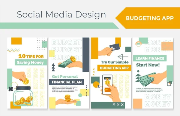 Storie Social Media Con Budgeting App Promo Collezione Design Pagine — Vettoriale Stock