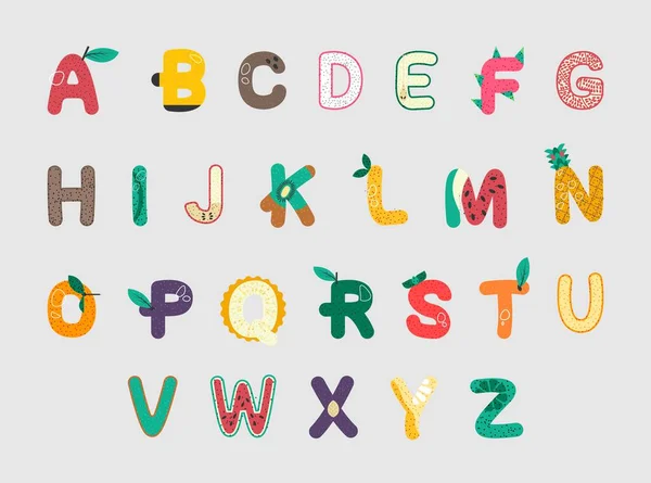 Τυπογραφία Σετ Γραμματοσειρών Διακόσμηση Φρούτων Διακοσμητικό Καλοκαιρινό Αλφάβητο Φυσικά Στοιχεία — Διανυσματικό Αρχείο