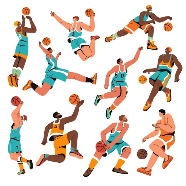 Basketball Players Professionals Ball Men Wearing Uniforms Jumping Running Throwing — Stock Vector
