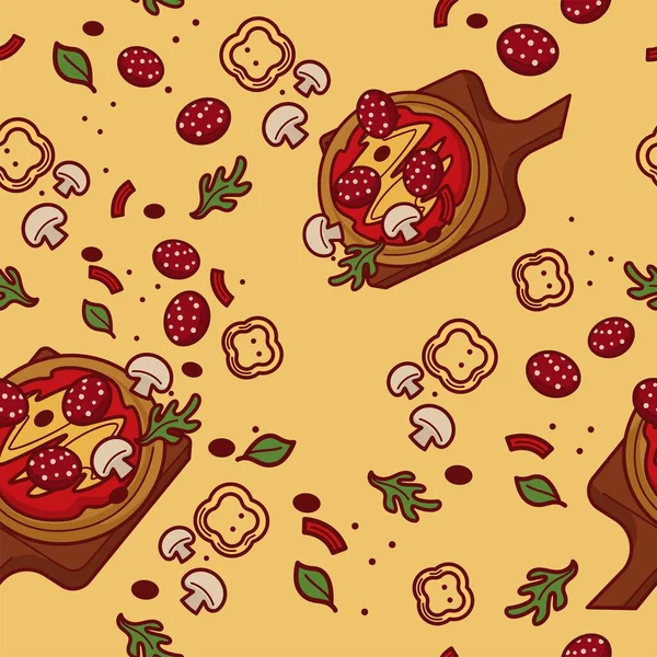 Pizza Pizzeria Faite Maison Pâte Savoureuse Salami Champignons Poivrons Ingrédients — Image vectorielle