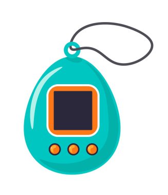 Tamagotchi oyunu, çocuklar ve yetişkinlerin bakması için izole edilmiş dijital evcil hayvan. Tecrit edilmiş eski okul oyunları ve eğlence, ekranlı retro cihaz, taşınabilir yumurta şekilli nesne. Düz biçimli vektör