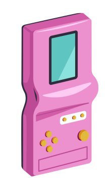 Klasik retro oyun oynatma, ekranı ve kontrol düğmeleri olan izole edilmiş aygıt simgesi. Bulmaca çözmek ve eğlendirmek, eğlence ve eski moda joystickler. Düz biçim illüstrasyonunda vektör