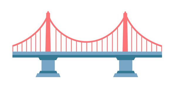 City architectural design and planning, isolated suspension bridge with pillars and concrete construction. Modern town road and passage for pedestrians and vehicles crossing. Vector in flat style