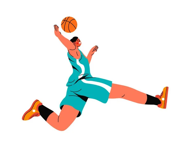 ボール投げやジャンプの動きとバスケットボール 均一なバスケットボールゲームで隔離されたスポーティ男性キャラクター スポーツイベントやアクティビティ 趣味やレジャー 平型ベクトル — ストックベクタ