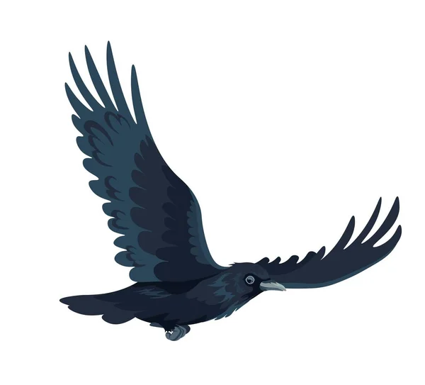 広がりの翼を持つレイヴンは 羽や羽を持つ孤立した大きな黒いカラスを飛んでいる 荒野や野生動物 自然や生息地 森や森の住民 平型ベクトル — ストックベクタ