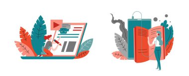 İş büyütme ve geliştirme araçları, reklam yapan çalışanlar. Video ve kulaklık düğmeleri olan web sitesi arayüzü tasarlıyorum. Okuyucular için ses ve elektronik kitaplar çevrimiçi. Düz biçimli vektör