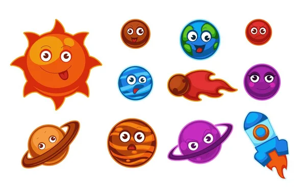 Cartoon Planets Stars Characters Isolated Sun Jupiter Earth Saturn Mars — Stock Vector