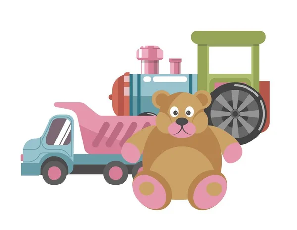 Kinderspielzeug Und Spielsachen Isolierte Plüschbär Plastik Lkw Und Lokomotive Baby — Stockvektor