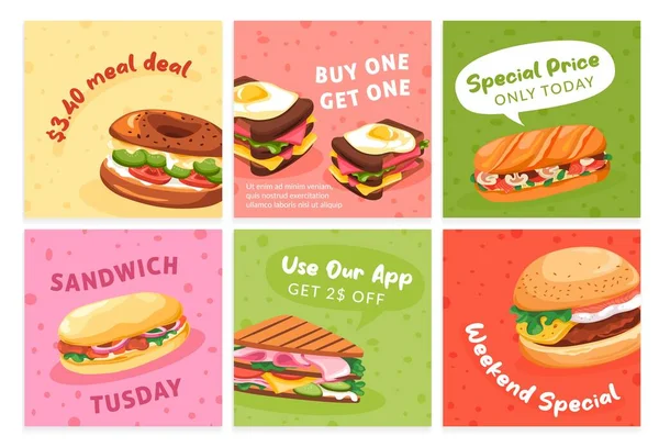 Médias Sociaux Mis Place Pour Sandwich Repas Deal Collection Bannières — Image vectorielle