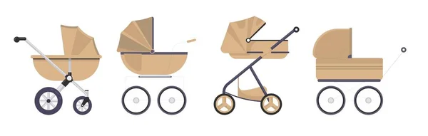 跑步机种类繁多 产品独立的婴儿和儿童 购买或储存不同型号的产品 供父母使用的活动车或婴儿车 带着孩子在里面行走 平面样式插图中的向量 — 图库矢量图片