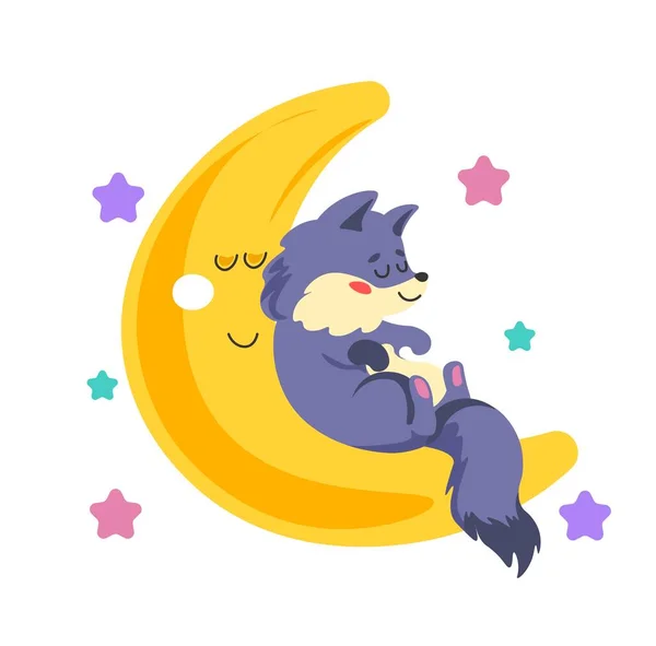 Enfant Loup Forêt Animalier Personnage Dormant Sur Croissant Lune Étoiles — Image vectorielle
