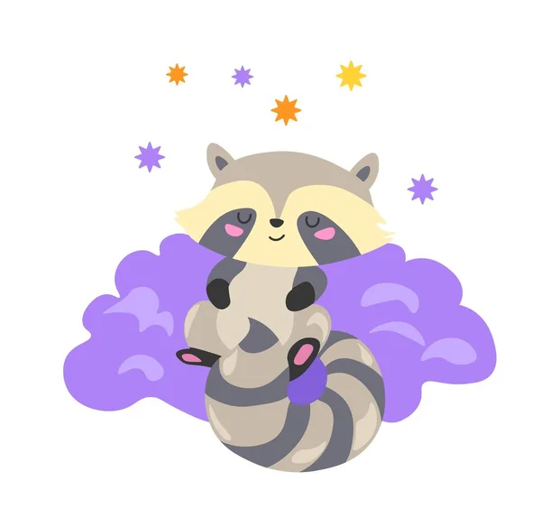 ラクーン動物のふわふわの雲の上で寝ています 孤立した眠い漫画のキャラクター 穏やかな顔の表情 休息と昼寝をして小さな人 ベッドタイム保育園の装飾 平型ベクトル — ストックベクタ