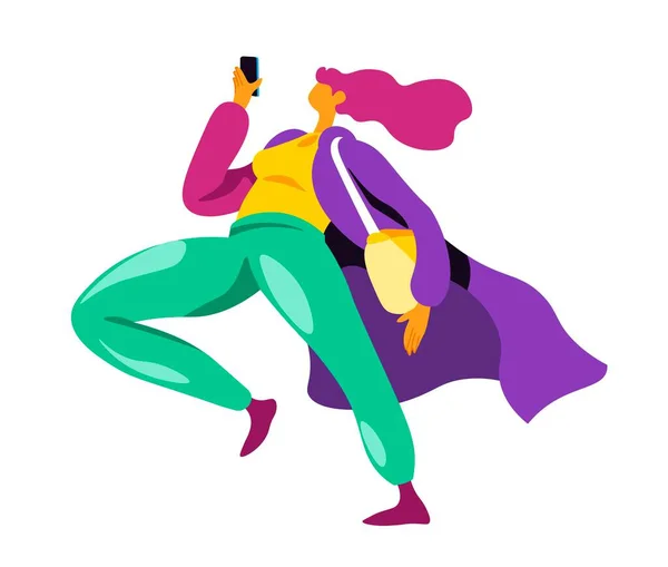 Personaggio Femminile Esecuzione Donna Impegnata Con Uno Smartphone Mano Guardare — Vettoriale Stock