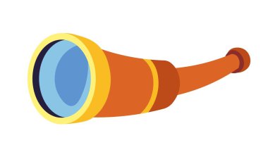 Uzakta görülen zumlanan obectler için optik araç, deniz yolculukları için izole edilmiş tek göz. Bakmak ve dikizlemek için izole edilmiş bir alet. Korsanlık teması simgesi. Düz biçim illüstrasyonunda vektör karikatürü