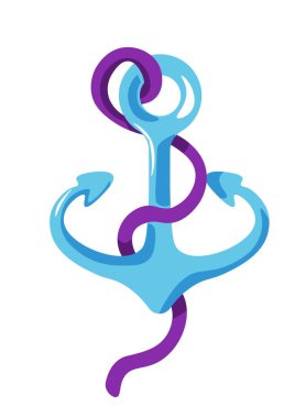 İpli ağır metal çapa, deniz tabanına demirli gemi. İzole edilmiş deniz ve deniz macerası, seyahat ve yolculuk. Liman işareti ya da sembol, korsan temalı. Düz biçim illüstrasyonunda vektör