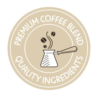 Kahve karışımı, kaliteli malzemeler, kafe ve ev kullanımı için kaliteli içecekler. Cezve ve aromatik içecekle izole edilmiş bir ikon. Etiket ya da amblem, ürün paketi için logotype. Düz biçimli vektör