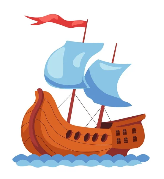 Tahta Gemi Yolculuk Için Izole Edilmiş Bayrak Küçük Pencereli Yelkenli — Stok Vektör