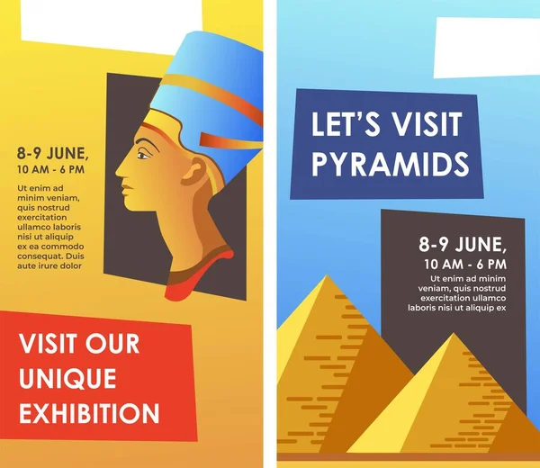 피라미드 우리의 전시회를 방문하여 이집트 문화를 탐구하는 것이다 가이드와 목적지 — 스톡 벡터