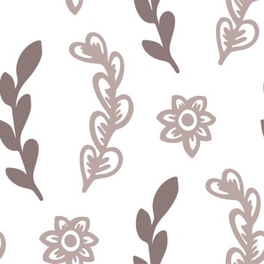 Çiçek açan bitkiler ve yapraklar, çiçek açan çiçekler, bahar ve yaz botanikleriyle süslü kompozisyon. Paisley dikişsiz desen ya da arka plan izi, duvar kağıdı ya da tekstil. Düz biçimli vektör