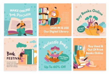 Network post set design with book store offers. Flat man woman character read literature, vector illustration. Social media banner collection with digital library advertising clipart