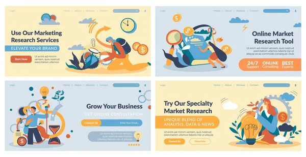 Set Banner Web Servizio Ricerca Marketing Landing Page Collection Flat — Vettoriale Stock
