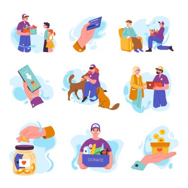 Gönüllüler ve gönüllü kuruluşlar, insanlara yardım ve yardım, ihtiyacı olanlara destek ve yardım. Çocuklara ve büyüklere bakmak, hayvanlara bakmak. Yiyecek ve ilaç gönderiyorum. Düz biçimli vektör