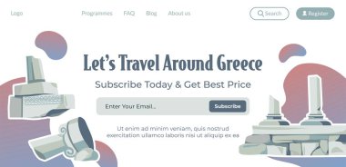 En iyi Yunanistan turları ve seyahat yerleri, bugün abone olun ve en iyi fiyatları alın. Antik kültür ve mimariyi keşfetmek için geziler. Web sitesi iniş sayfası şablonu, internet sitesi. Düz biçimli vektör