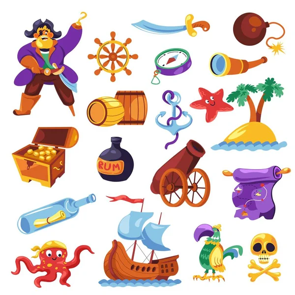Treasure Hunt Pirate Character Isolated Icons Gold Casket Rum Ship — Stock Vector
