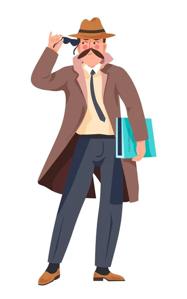 Private Investigator Officer Working Case Undercover Isolated Man Character Wearing — Stock Vector