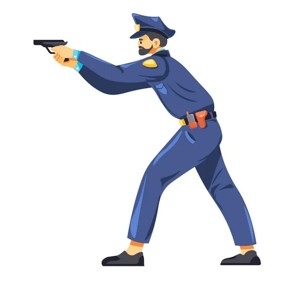 警察用枪指着警察在危险的情况下执行任务有警徽和制服的侦探或警察 工作中的警察对罪犯和恶棍使用武力 矢量呈扁平型 — 图库矢量图片