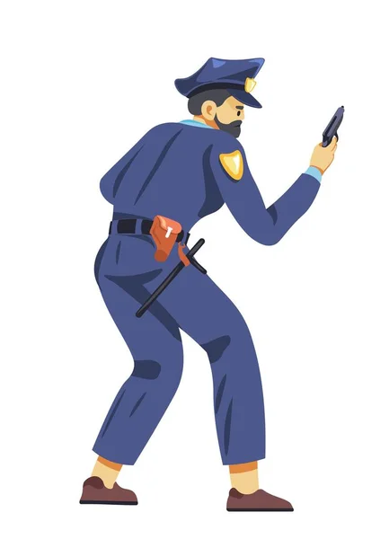 Policista Pistolí Zbraní Nebezpečné Situaci Izolovaný Muž Uniformě Pistolí Patách — Stockový vektor
