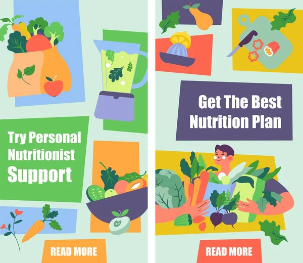 个人营养师的支持 得到最好的营养计划 阅读更多 饮食和营养 健康的生活方式和蔬菜消费 促销横幅或服务广告 矢量呈扁平型 — 图库矢量图片