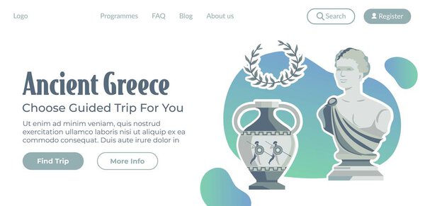 Choose guided trip for you, explore and discover ancient Greece with culture and architecture. Bust of woman, laurel wreath and vase. Website landing page template, internet site. Vector in flat style