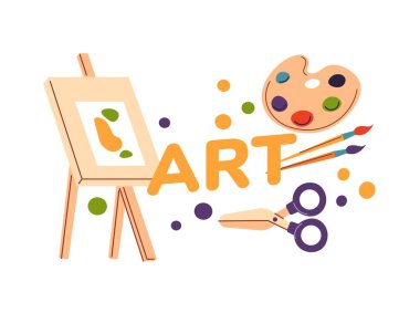 Okul ya da üniversite disiplini, izole sanat dersleri ya da sınıf ekipmanları ve aletleri. Tuvalle ya da kağıtla, fırçayla, boyayla, makasla, el işi ve yaratıcı el yapımı. Düz biçimli vektör