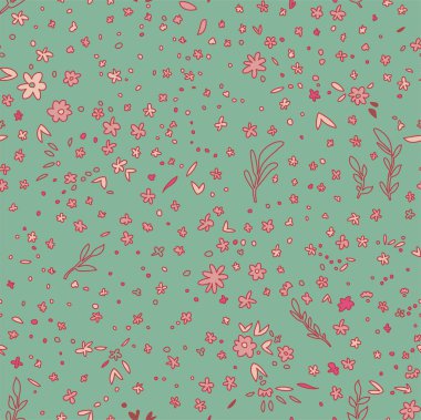 Çiçek açan çiçekler, yapraklar ve çalıların dalları. Bitkiler ve tomurcuklar, küçük çiçek süsü. Botanik motifi, kır çiçekleri gelişiyor. Kusursuz desen, duvar kağıdı izi ya da arka plan. Düz vektör