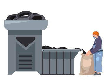 Lastik çöpleri parçalara ayırmak için bir tesis. Üniformalı izole işçi ve çöp toplamak için maske. Plastik kesme makineleri, ekoloji bakımı. Düz biçimli vektör
