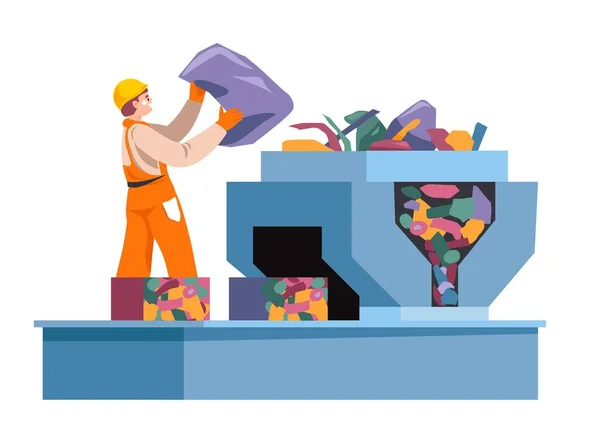 Průmyslová Recyklace Odpadků Odpadků Třídění Plastů Objemných Předmětů Izolovaný Dělník — Stockový vektor