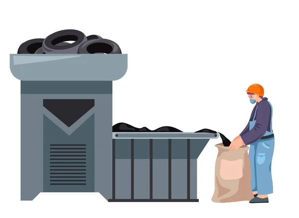 Zařízení Recyklaci Pryžového Odpadu Kusy Izolovaný Pracovník Uniformě Sběr Odpadků — Stockový vektor