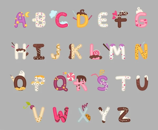 Kleurrijk Lettertype Set Design Met Dessertelementen Zoete Alfabet Letters Dessert — Stockvector